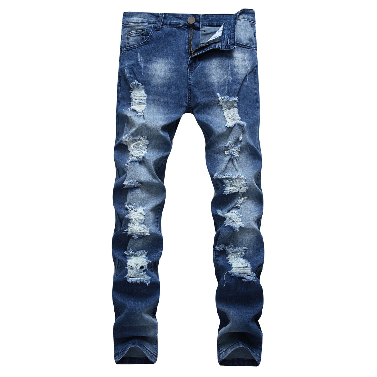 Multi-holes, Blue Elastic Men's Jeans Slim-fitting Small Straight