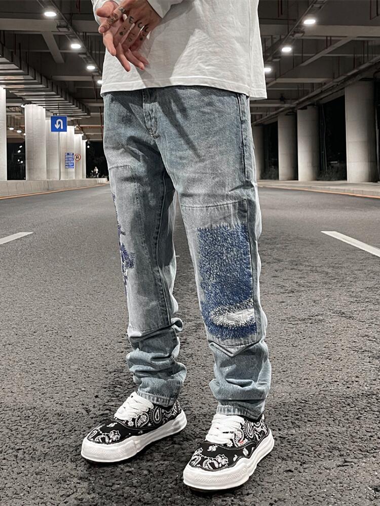 Heavy Industry Electric Embroidery Burnt Flower Washed Cut Casual Straight Men's Jeans