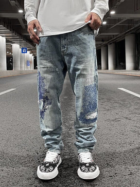 Heavy Industry Electric Embroidery Burnt Flower Washed Cut Casual Straight Men's Jeans