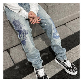 Heavy Industry Electric Embroidery Burnt Flower Washed Cut Casual Straight Men's Jeans